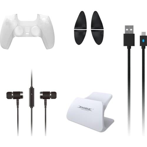 PS5 Accessories 8 in 1 Protective Pack for Sony Controller Housing Trigger Buttons Display Stand Charging Cable Earphone