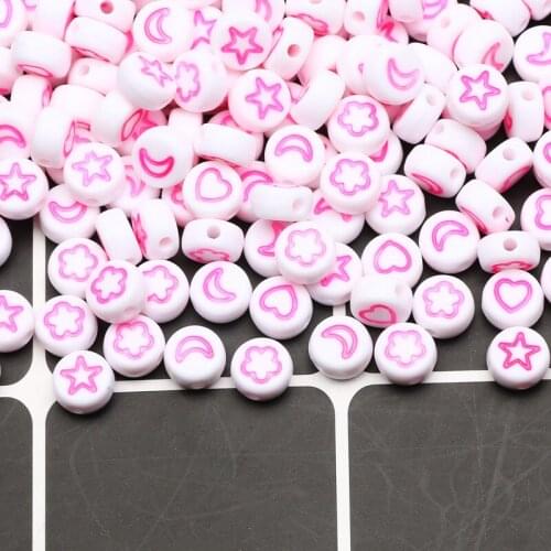 Pink Mixed Star/Heart/Moon Pattern Round White Acrylic Spacer Beads For Jewelry Making DIY Charm Necklace Bracelet Accessories