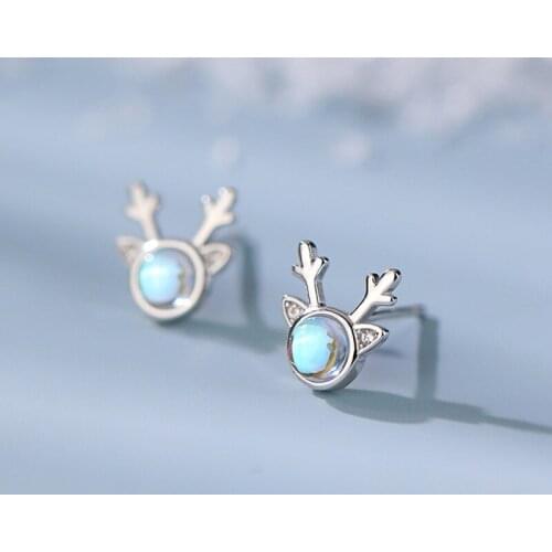 925 Sterling Silver Opal Deer Elk Korean Studs Earrings For Women Christmas Jewelry Accessories eh1068