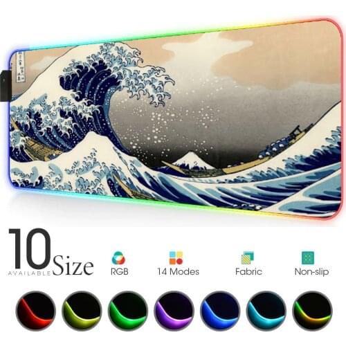 Led Mouse Pad Rug Japanese Wave Art Gaming Accessories Play Mat with Backlight Slipmat Rgb Carpet Led Mat for Computer Laptop