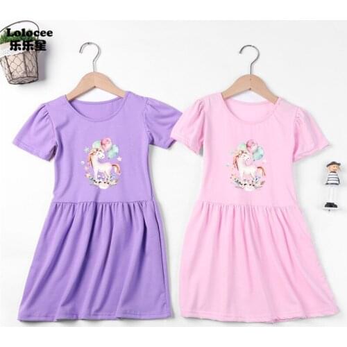 Balloon Unicorn Girls Dress Fashion Princess Cotumes 2-13T Kid Girl Short Sleeve Cotton Dress Cartoon Print Girl Clothing