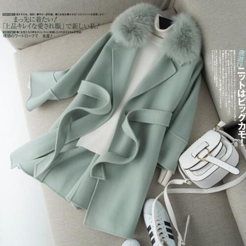 2020 100% Wool Coat Female Double-sided Wool Jacket Fox Fur Collar Spring Autumn Korean Long Coat Women Overcoat 2021 KJ6062