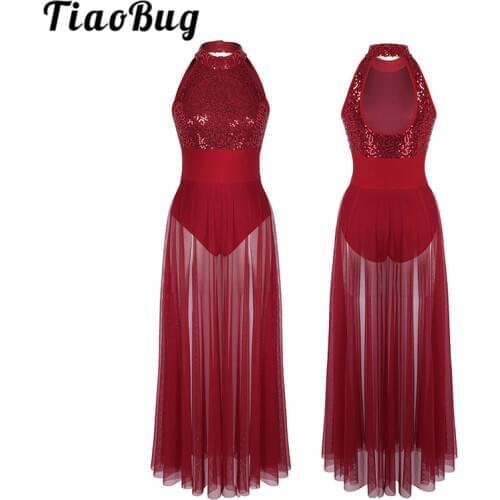 TiaoBug Women Sleeveless Halter Shiny Sequin Ballet Leotard Adult Stage Lyrical Dance Costumes Ballet Tutu Maxi Mesh Dance Dress