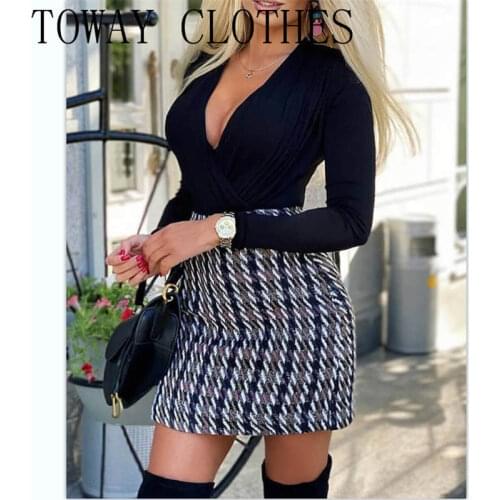 Women Patchwork Plaid Long Sleeve Plunge Bodycon Dress Dress For Women 2021 Vestidos Robe Femme