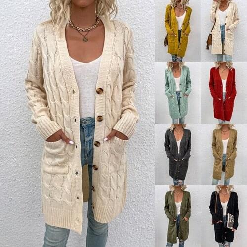 ZJZLL Hot Sale Autumn and Winter 2021 Long Twist Sweater Womens European and American New Button Loose Knitted Cardigan Coat