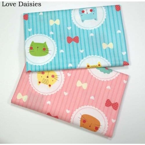 100% Ctton Twill Cloth PINK BLUE Cartoon Cute Cat Bowknot Stripe Heart fabrics for DIY Crib Pets Cushion Apparel Quilting Decor