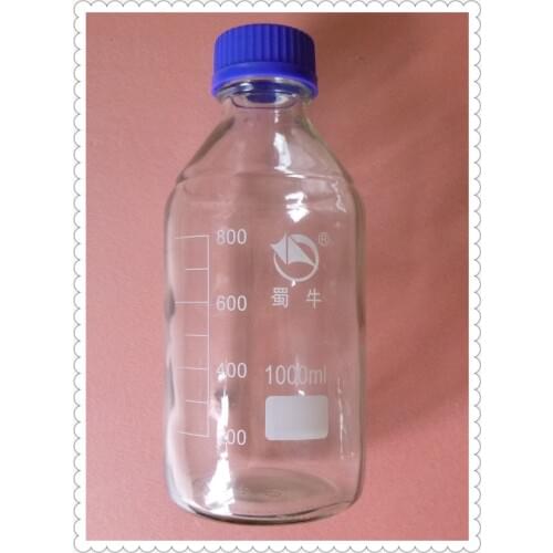 1000ml,Clear Glass Reagent bottle w cap,Blue Lid,Graduation 800ml,Chmeistry Glassware