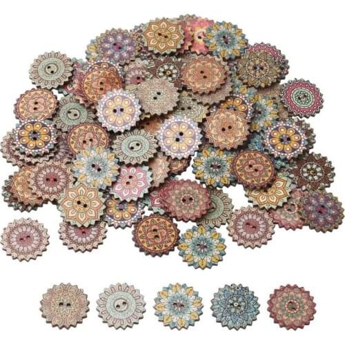 50Pcs Wood Buttons Mixed 2 Holes 20mm Vintage Decorative Flower Buttons for DIY Sewing Craft