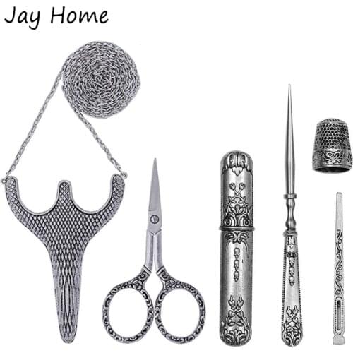 Stainless Steel Safety Embroidery Scissors with Sheath Chain Needle Case Awl Sewing Thimble for Sewing Crafting Needlework Tools