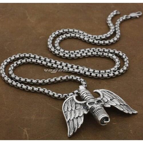Skull Cross Wing 925 Sterling Silver Mens Biker Rock Punk Pendant 9F028