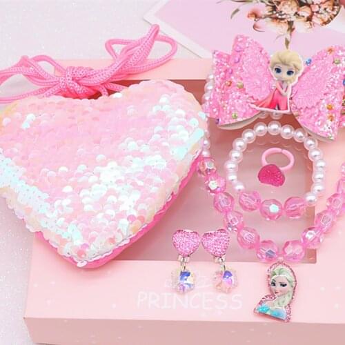 Frozen 2 Children Girl Toy Disney Mermaid Unicorn Sofia Elsa Princess Necklace Bracelet Jewelry Necklace Cartoon Purse Gift Set