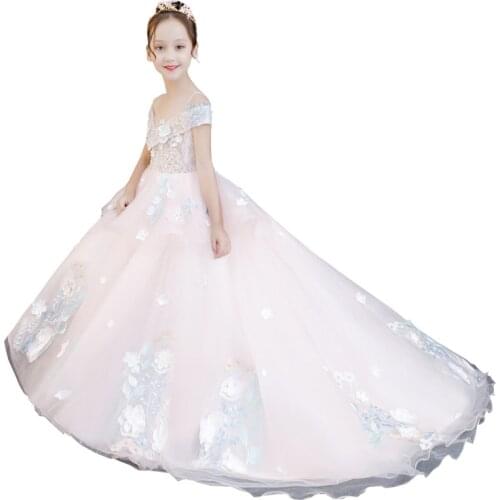 Little Girls Shiny Pearl Lace Dress Baby Kids Off Shoulder Boutique Tailed Ball Gown Flower Girl Wedding Birthday Party Dresses