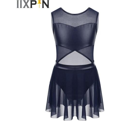 Girls Gymnastics Leotard Ballet Dress ballerina dress kids Sleeveless Tulle Faux Leather Splice Cutouts Front Ballet Dance Dress