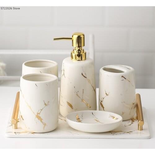 Ceramic Toiletries Bathroom Set Marble Porcelain Cup Toothbrush Holder / Soap Dispenser / Tray Bathroom Decoration Accessories