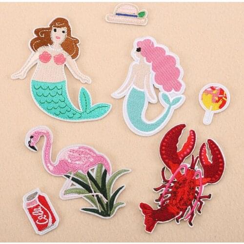 50pcs/lot Embroidery Patches Letters Clothing Decoration Accessories Mermaid Crayfish Diy Iron Heat Transfer Applique
