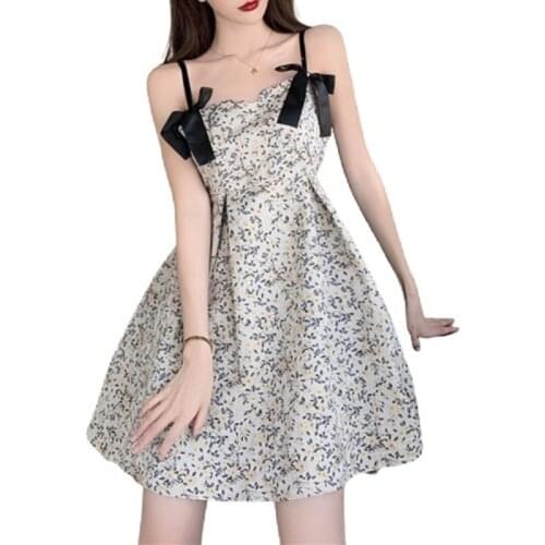 PERHAPS U Elegant Sweet Summer Floral Print Bow Jacquard Halter Spaghetti Strap Camisole Short Ball Gown Dress D3048