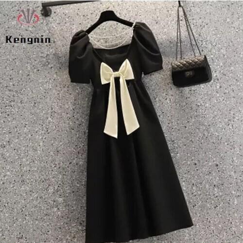 Dresses Woman Summer 2021 New Oversized Big Bow Ladies Party Dresses French Style Off The Back Black Dress Female Robe KE1426