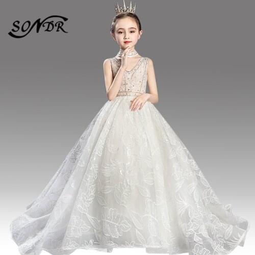 Luxury Flower Girls Dress HT139 Shining Crystal Sequin Flower Girl Dresses for Weddings Kids Train Primera Comunion Decoracion