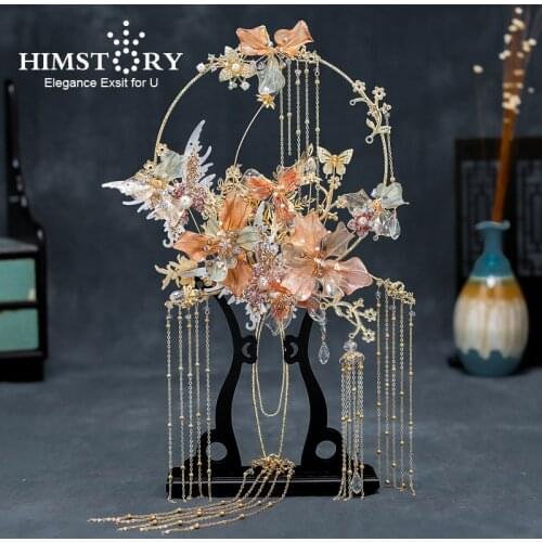 HIMSTORY Luxury Chinese Bridal Fan Bouquets Beaded Long Tassels Handmade Wedding Flowers Metal FlowerHand Fan Brides Accessories