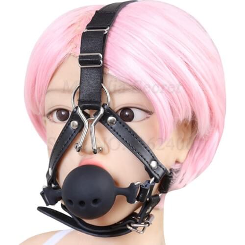 Silicone Breathable Open Mouth Gag with Nose Hook,Leather Head Harness Restraint Bondage Adult Games Sex Toys For Couples
