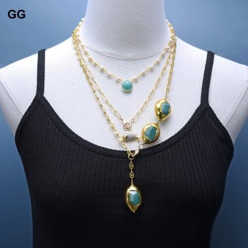 GuaiGuai Jewelry 3 Rows Gold Plated Amazonites Beads CZ Fish Charm Pearl Chain Statement Long Necklace 17"-26" For Women