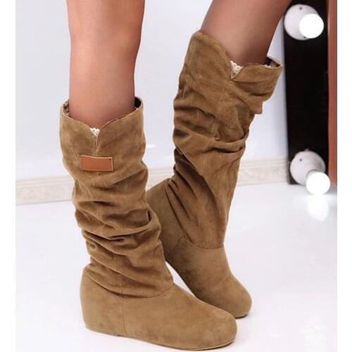 Mid Calf Boots Women Shoes Fashion Pleated Lace High Boots Winter Comfort Platform Shoes Black Heels Casual Slip-on Shoes Women