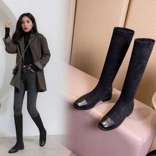 Womens high boots with square head frosted casual versatile large size 4143 small size less than knee small wear boots