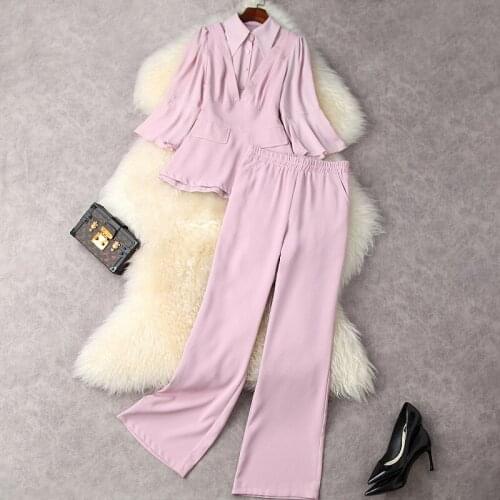 Pant Suits Summer OL 2021 NEW Womens Purple Turn Down Collar Slim Top + Elastic Waist Micro Flared Trousers Two Piece Set S-XXL
