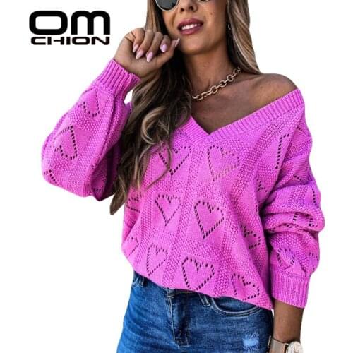 OMCHION Knitted Tops 2021 Spring Summer Solid Color V-neck Heart Hollow Out Sexy Sweater Women Casual Loose Female Pullover BT78
