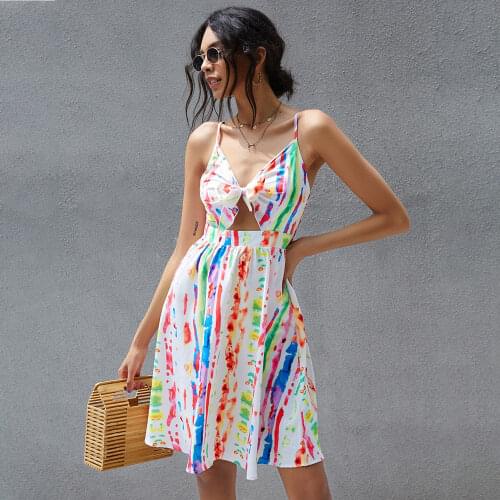 Sexy Sling Sleeveless Mini Women Dress 2021 Summer Fashion New Products Beach Style V-neck Bowknot Crop Color Dress Short Skirt