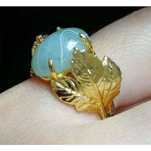 FDLK Vintage Solid Yellow Gold Color Natural Green Leaf Ring Women Wedding Engagement Party Rings Jewelry