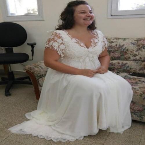 Plus Size A Line Wedding Dress V Neck Short Sleeve Lace Country Wedding Gowns Sexy Simple Chiifon Long Bridal Dress