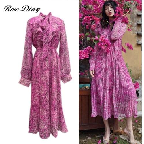 Designer Vintage Elegant Bow Collar Ruffles Purple Floral Pleated Midi Dress Women Party Birthday Dresses Chiffon Elbise