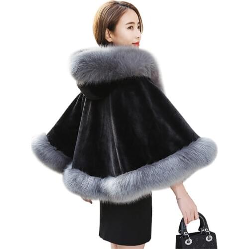 Winter Hooded Jacket Coat Faux Fox Fur Women Shawl Evening Party Dress Wraps Fur Big Shoulder Capes Slim Lady Fake Fur Cloak 539
