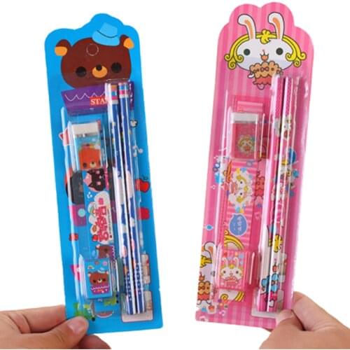 1 Set Simple Cartoon Bear Pencil Eraser Stationery Set Fashion 5 In 1 School Supplies For Kids Gift School Drawing Sets