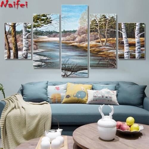 New 5d diamond painting 5 pieces Forest tree river Landscape Wall Art diamond mosaic full square round drill diamond embroidery