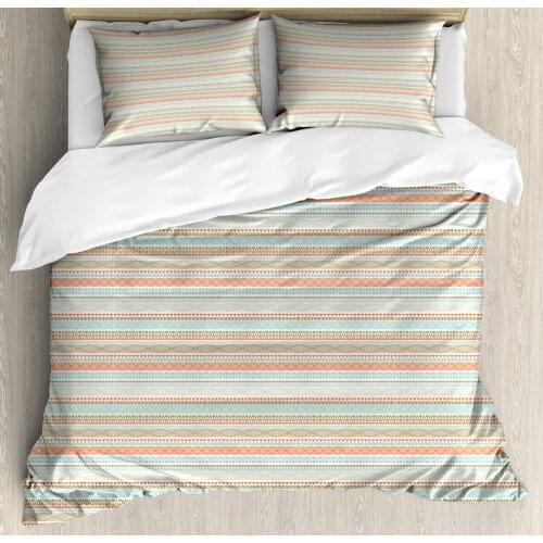 Bohemian Stripe Duvet Cover Set Theme Vintage Striped Abstract Patterns 3 Piece Bedding Set Salmon Pale Blue Sepia