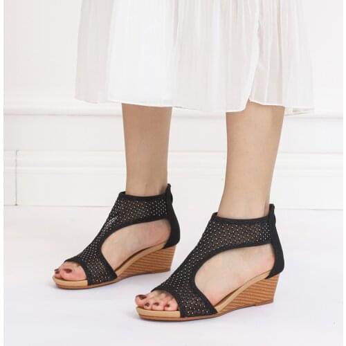 Fashion Women Wedges Sandals Ladies Round Toe Kitten Heels Summer Shoes Black/Beige Comfortable Girls Vintage Zipper Sandalias