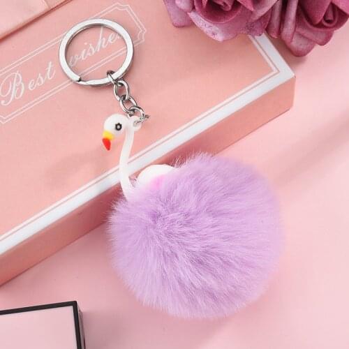 Fasjion Goose Keychain for Women Round Ball Pom Pom Faux Rabbit Fur Key Chain Animal Trinket Car Bag Jewelry Key Ring Gift EH379