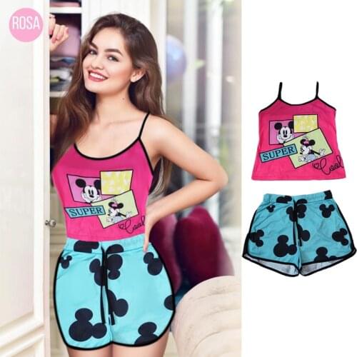Disney cartoon cute printed women fashion suspenders tight fitting sexy two piece vest shorts new sports suit