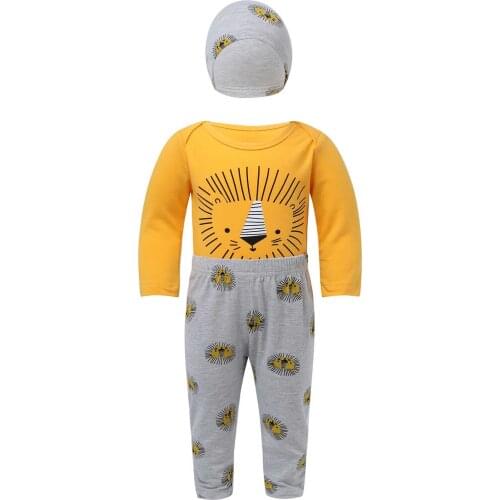 Infant Baby Boys Clothes Yellow Long Sleeve Cartoon Lion Print Pattern Press Button Jumpsuit Romper Pant With Hat For 0-24M