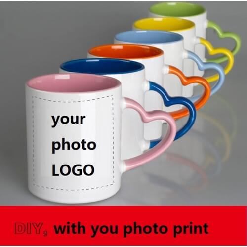 Ceramic mug DIY photo Heart shape handle Color inside and Color heart hand cup with customized pictures DIY images print MAZWEI