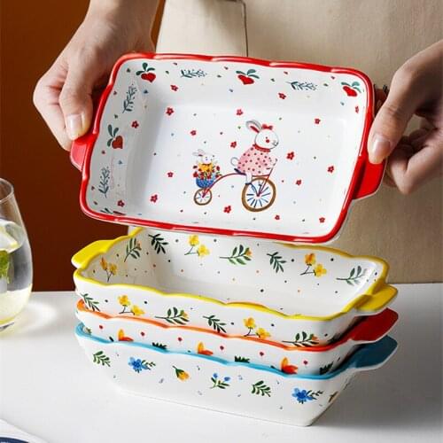 Square Ceramic Baking Pan Handle Plate Pasta Lasagna Dish Fresh Fruit Hand Painted Salad Dinner Plate Household Tray
