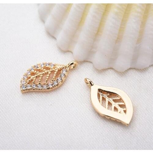 4PCS 14x7MM 24K Gold Color Brass with Zircon Leaf Leaves Charm Pendants for DIY Jewelry Making Findings Accessories