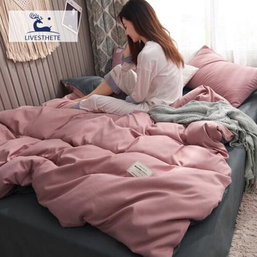 Liv-Esthete Pink Duvet Cover With Zipper Decor Home Textiles Gray Flat Sheet With Elastic Band Adult Double Couple Bedclothes