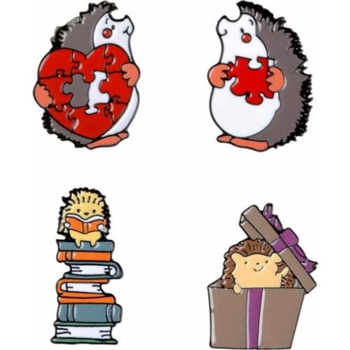 Cute Cartoon Hedgehog Metal Brooch Love Heart Shape Puzzle Book Badge Pin Lovers Unique Trendy Costume Backpack Jewelry Gift