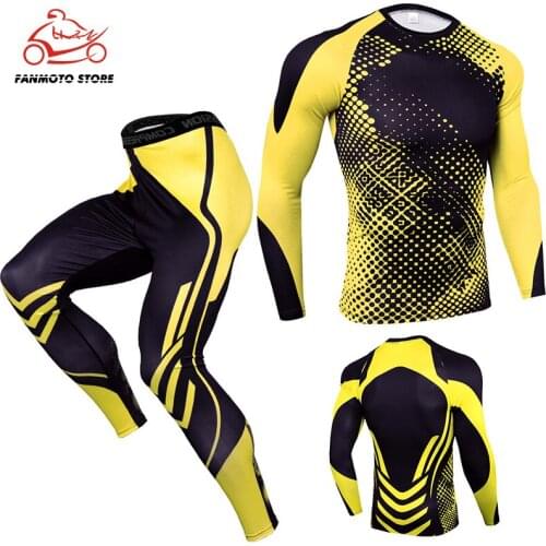 Motorcycle Compression T-shirt Leggings Set Men Running Sport Quick dry Sportswear Pants Male Gym Fitness Training MMA Tees Tops