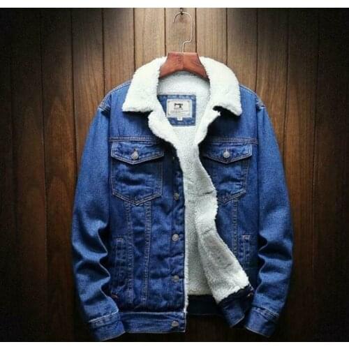 Mens Winter Warm Fleece Lined Coat Denim/jean Jacket Coat Heavy Casual Imitation Lamb Hair Fashion All-Match with Long-Sleeved