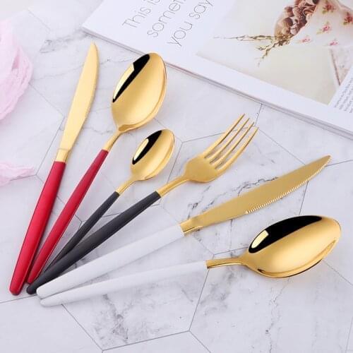 24PCS Luxury Flatware Set Gold Polish Red Handle Stainless Steel dinner knives forks tablespoons Food Silverware Dinnerware Set