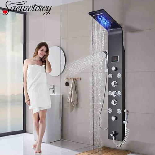 Wall Mount Black Shower Panel Shower Column LED Waterfall Shower Faucet Set With Bidet Sprayer Massage Temperature Display